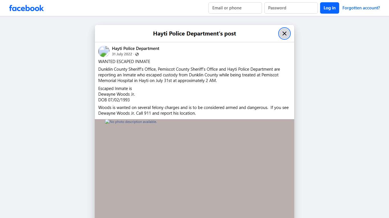 WANTED ESCAPED INMATE Dunklin... - Hayti Police Department | Facebook