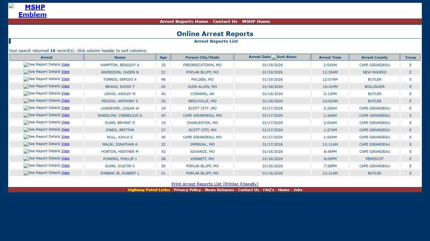 Missouri State Highway Patrol - Arrest Reports List